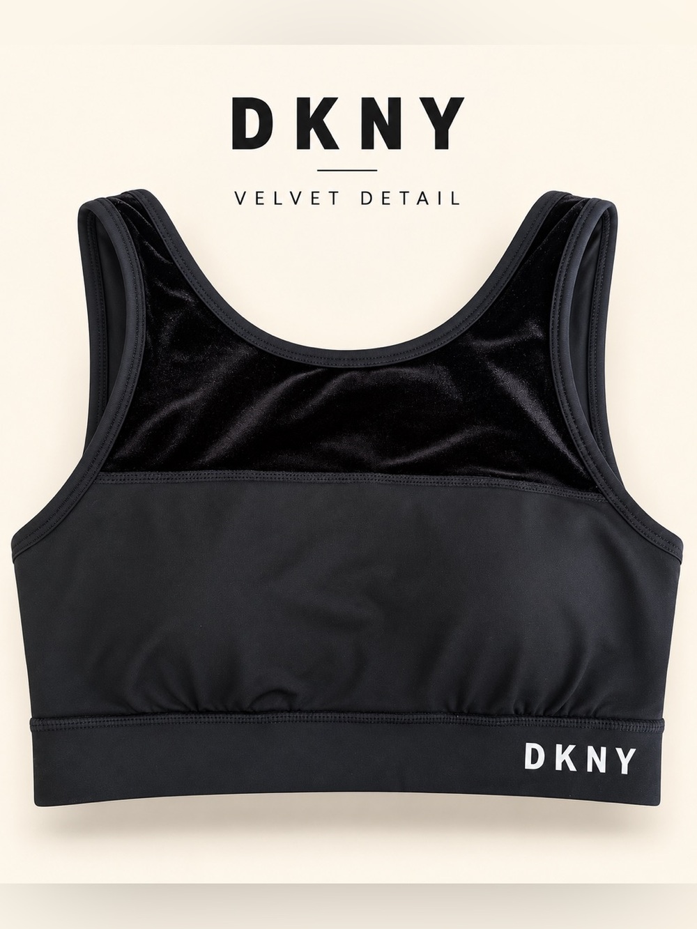 DKNY Sport Black Velvet Trimmed V-Back Medium Support Sports Bra